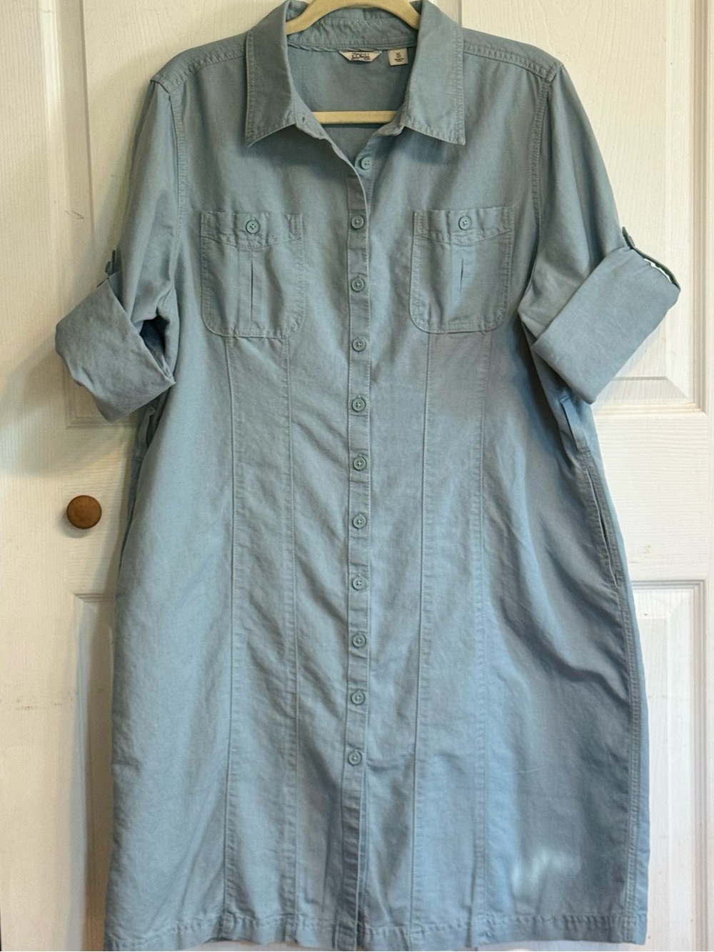 L.L. Bean Light Blue Button-Front Midi Shirt Pocket Dress Petite XL No belt